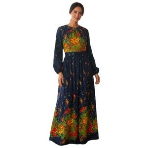 Vintage 70s Floral Maxi Dress Blue Colorful Sz 8 Sheer Long Sleeve Elegant Gown